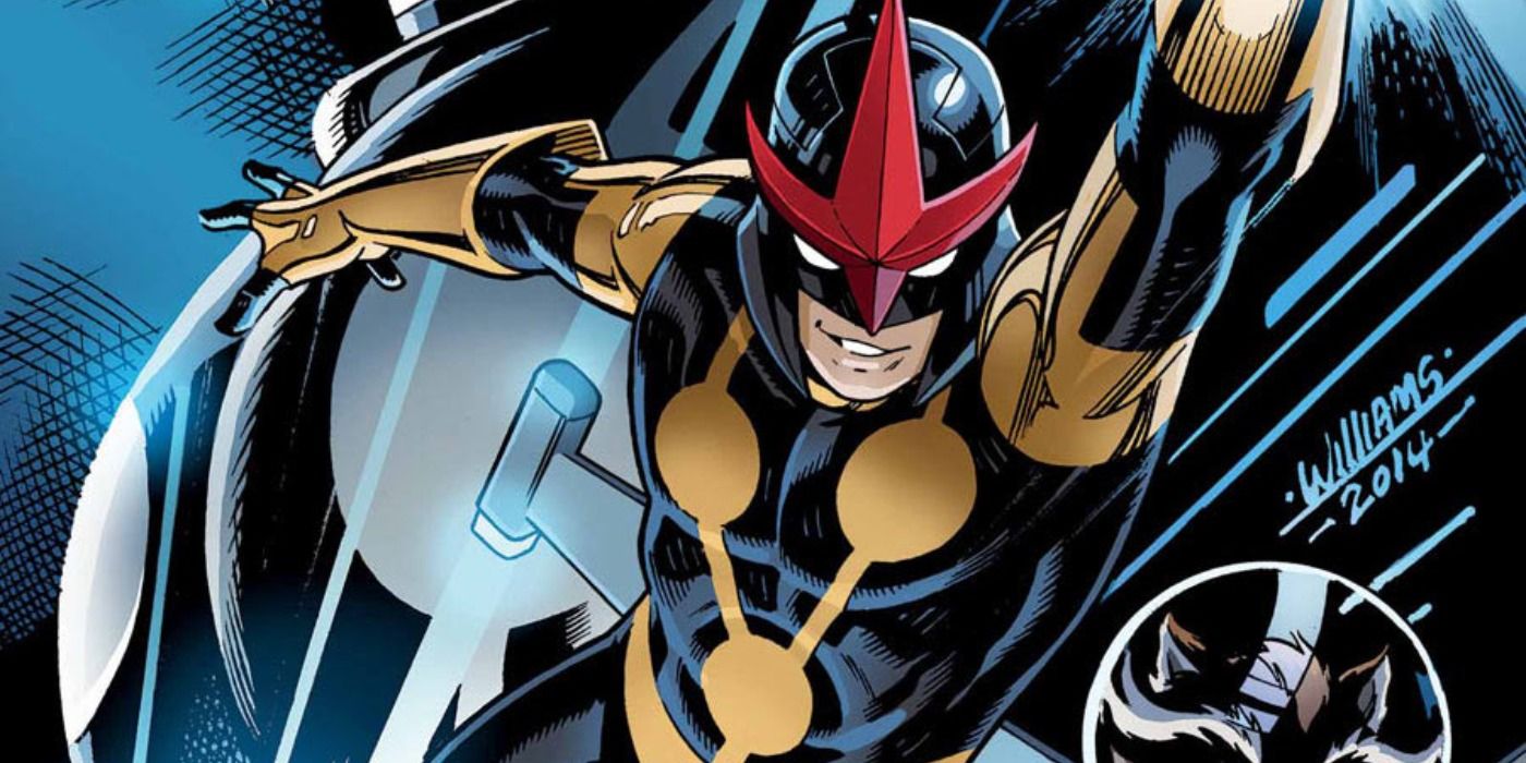 Sam Alexander's Nova flying in his black, yellow, and red suit in the comics