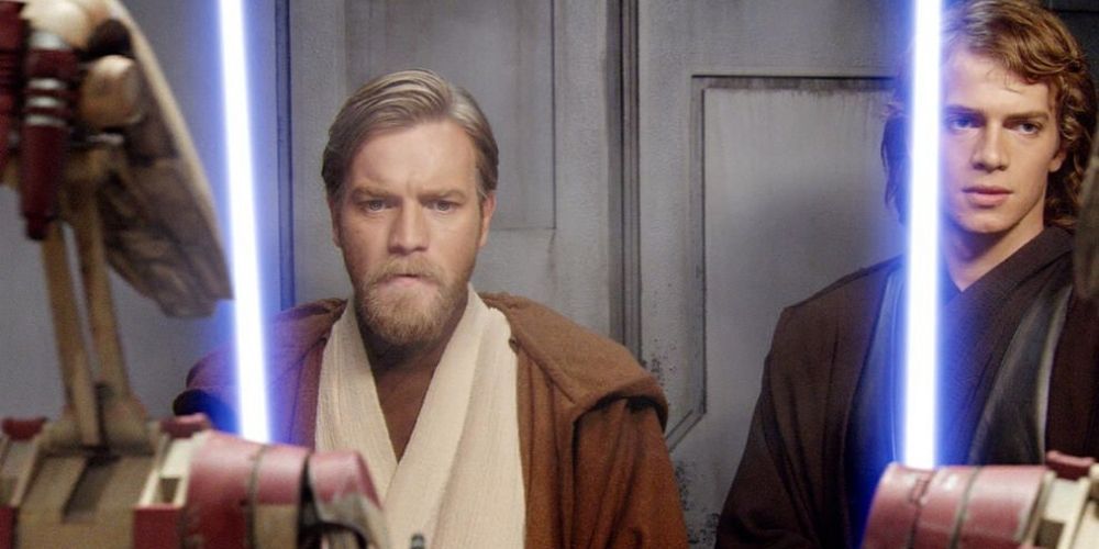 Obi-Wan and Anakin Skywalker bring out their lightsabers