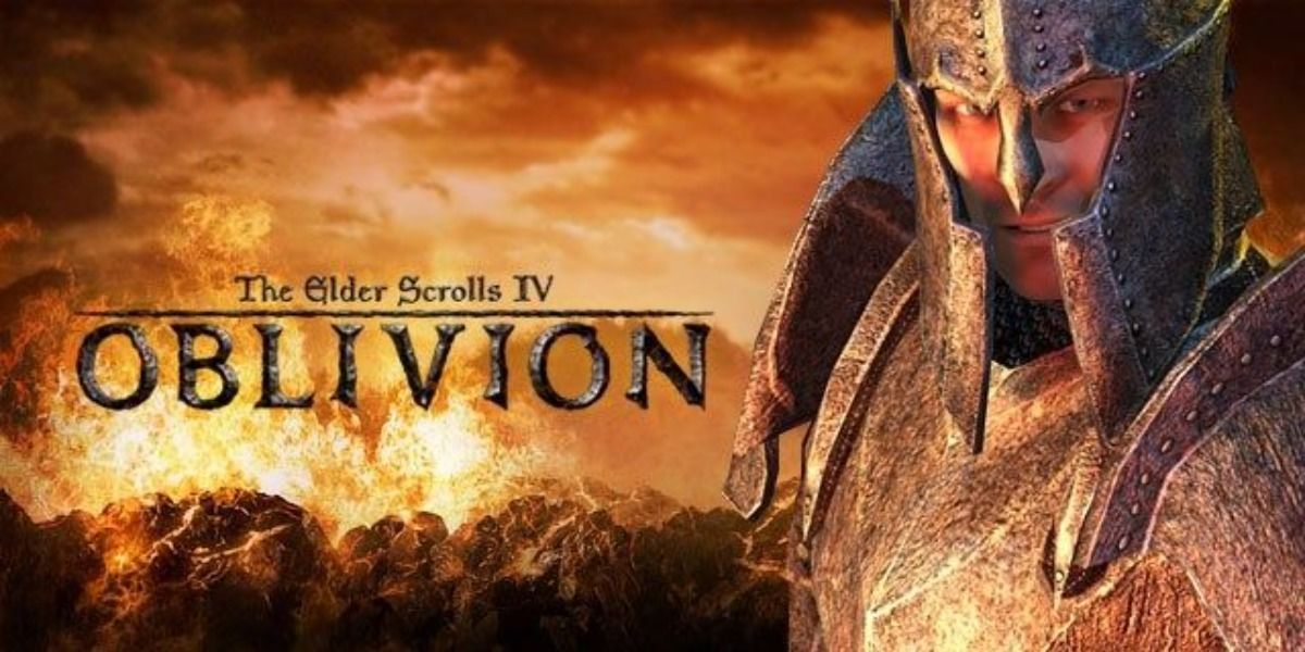Promo art for Oblivion with an armored character and a flaming background