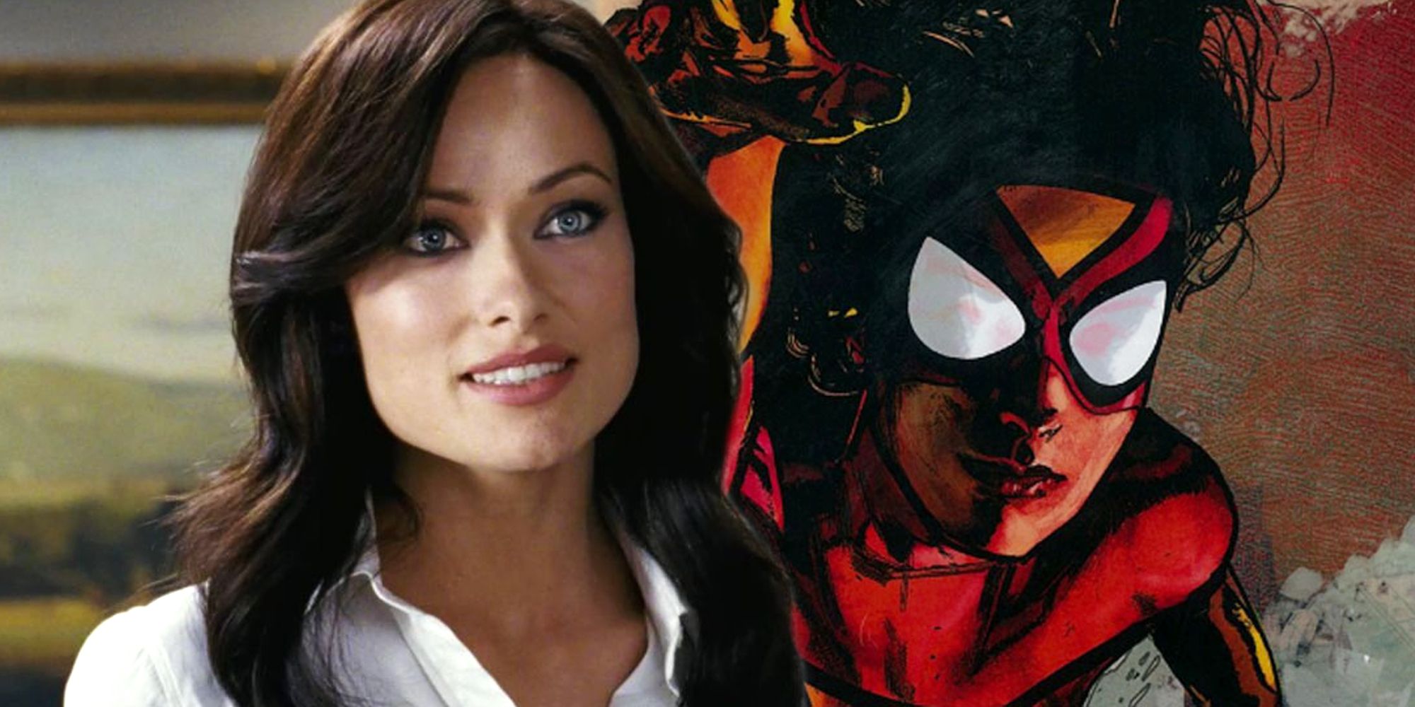 Split image of Olivia Wilde and Spider-Woman from Marvel Comics.