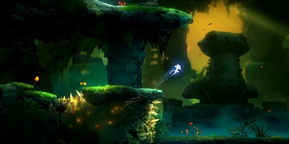 Ori jumps through a dark swamp in Ori and the Will of the Wisps