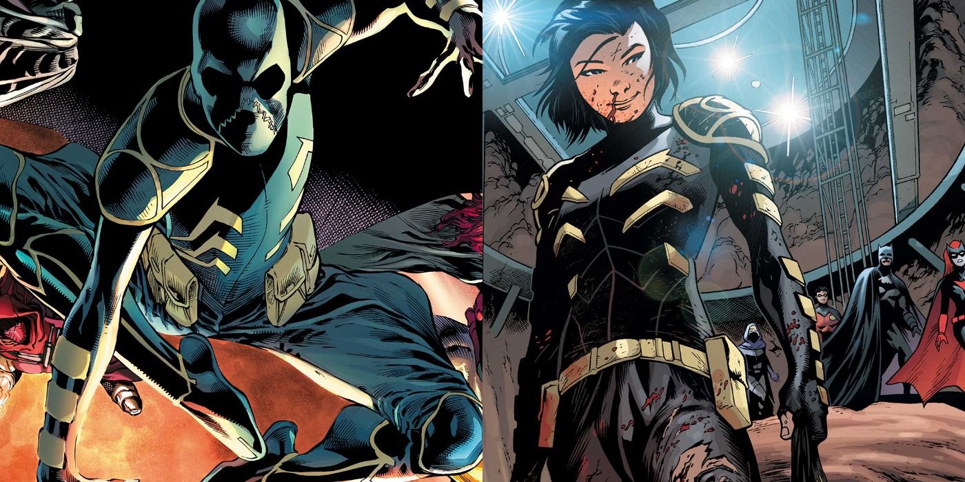 Split image of Cassandra as Orphan with the Gotham Knights and unmasked in the Batcave