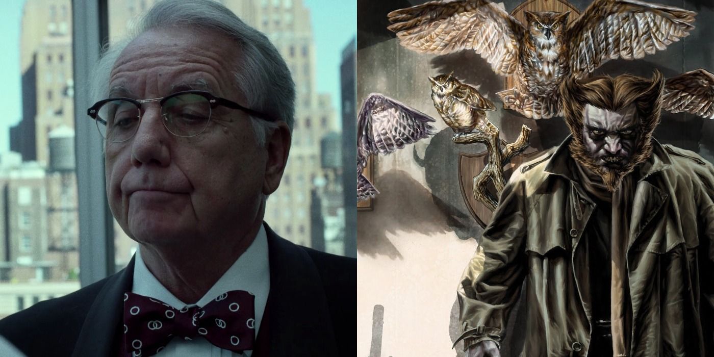 Split image of Leland Owlsley in Kingpin's penthouse and the Owl surrounded by stuffed owls in comic book art