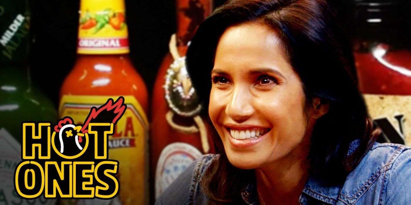 Padma Lakshmi smiles on Hot Ones