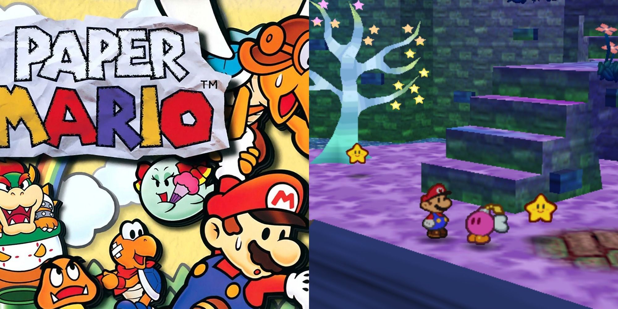 Split image showing the cover for Paper Mario 64 and Mario in Star Haven