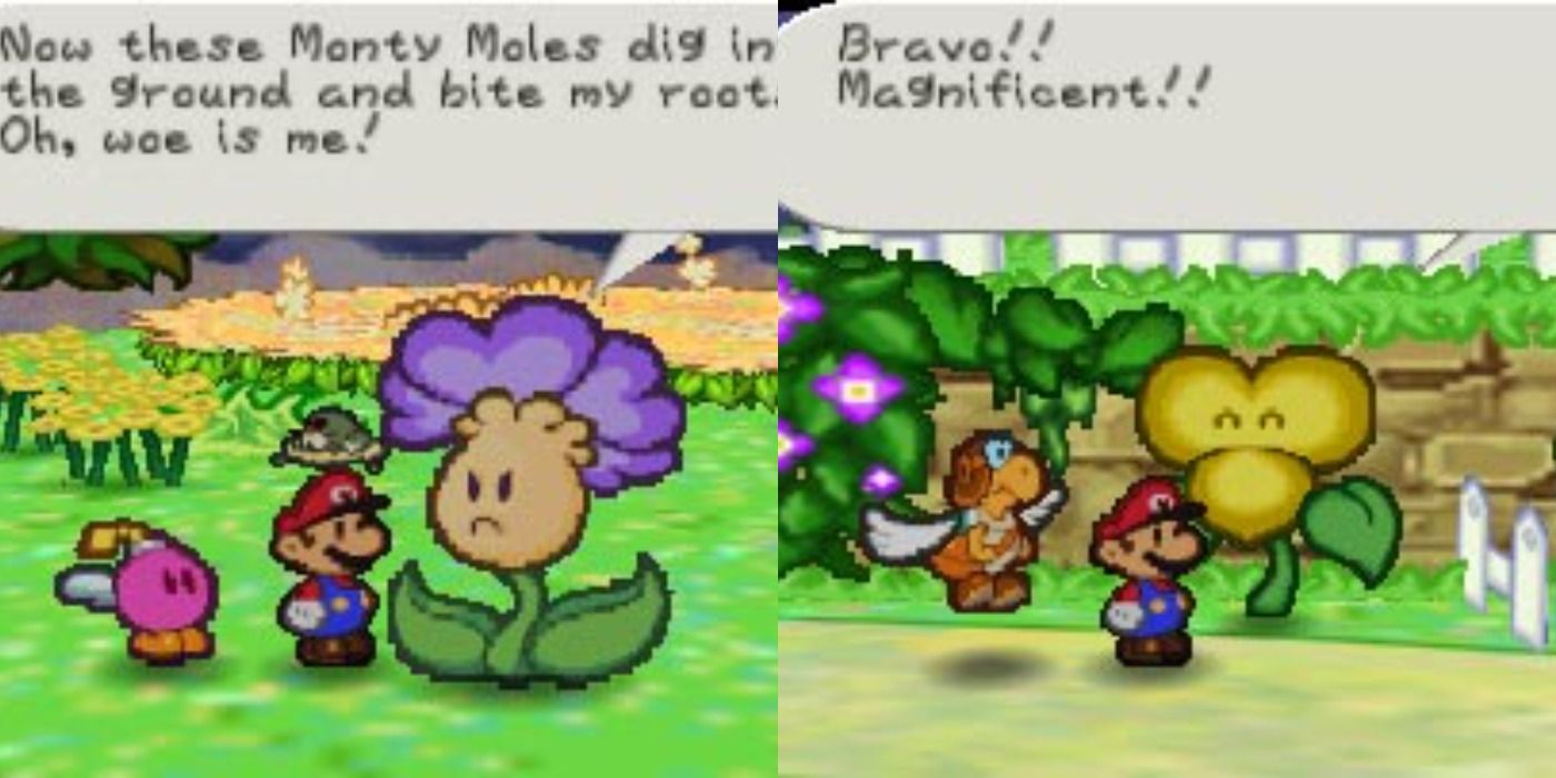 Split image showing Mario talking to flowers in Paper Mario 64