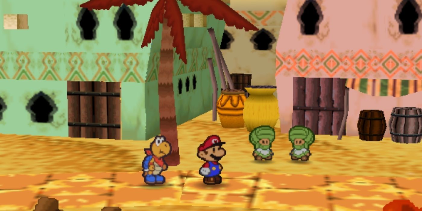 Mario with two Toads and a Koopa in Paper Mario 64