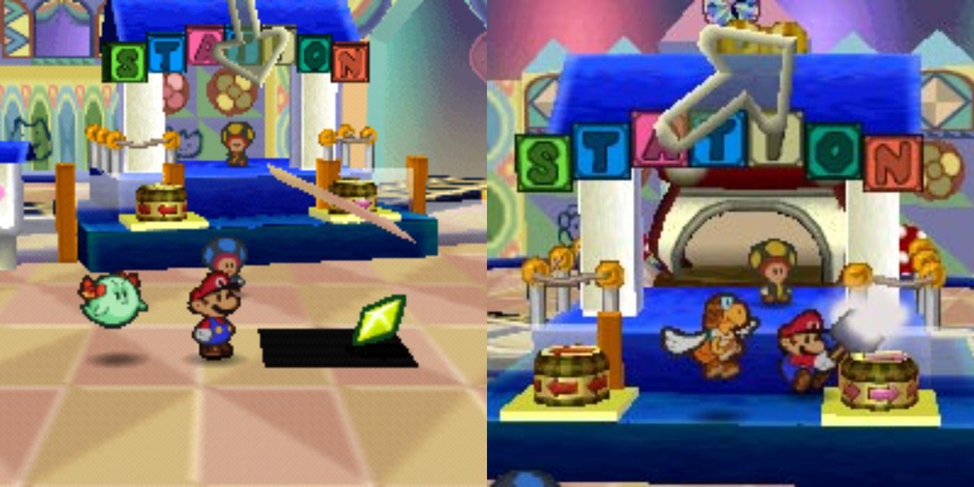 Split image showing Mario in Shy Guy's toy box in Paper Mario 64