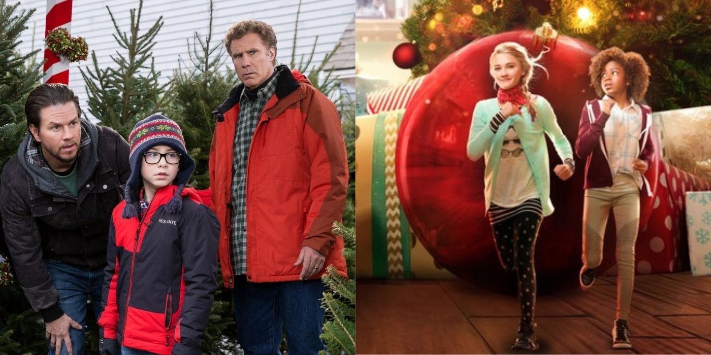 Split image of Dusty, Brad, and Dylan at the tree farm in Daddy's Home 2 and shrunken kids running in Tiny Christmas