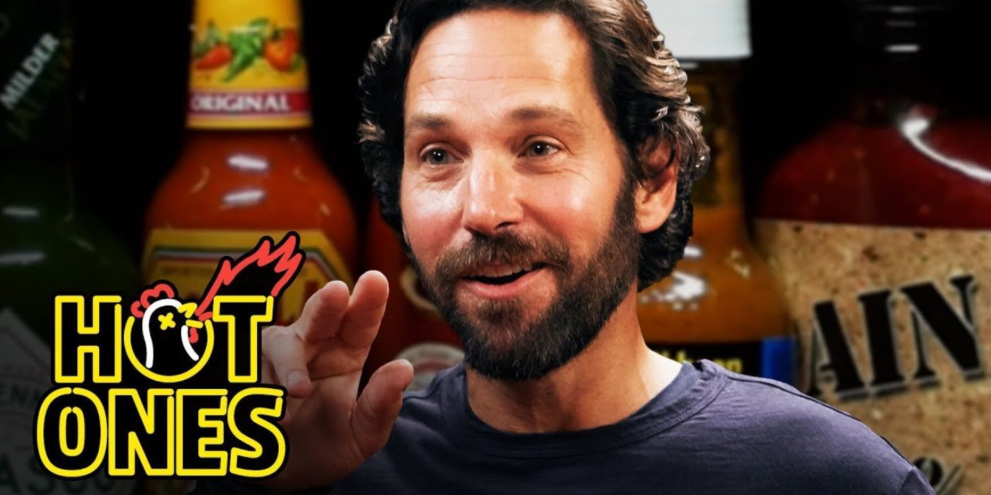 Paul Rudd gestures with his hand on Hot Ones