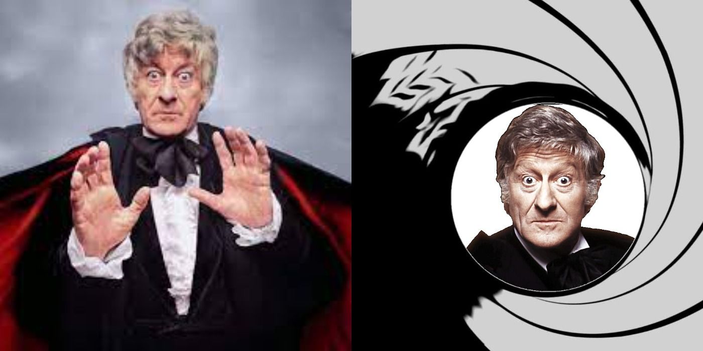 Jon Pertwee poses as the Third Doctor, next to the Third Doctor in the iconic James Bond gun barrel.