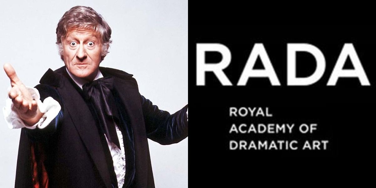 Jon Pertwee holds out his hand as the Third Doctor next to the logo for the RADA acting school