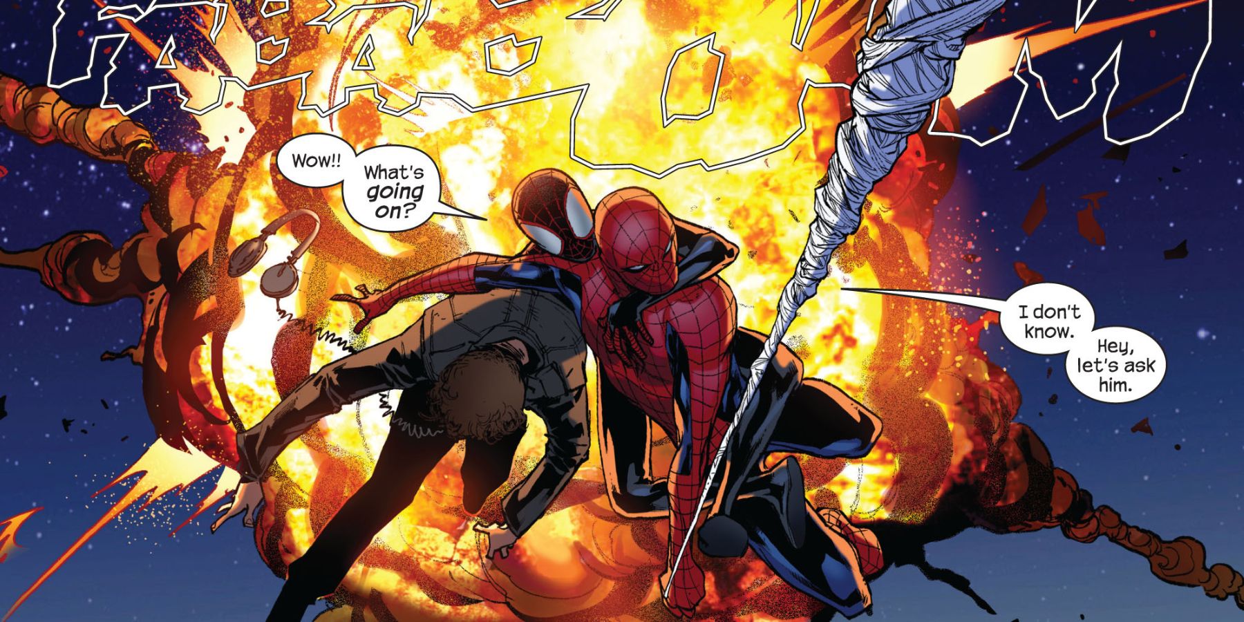 Peter Parker and Miles Morales escaping from an exploding helicopter in Spider-Men