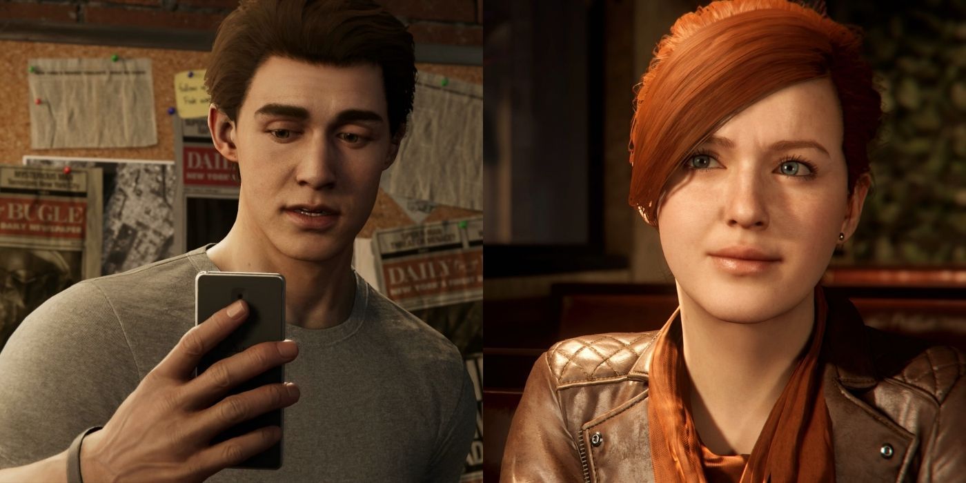 Peter Parker holding a phone while Mary Jane smiles in Marvel's Spider-Man