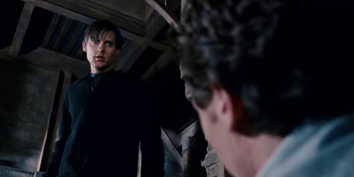 Peter Parker looking angry at Harry Osborn in Spider-Man 3.