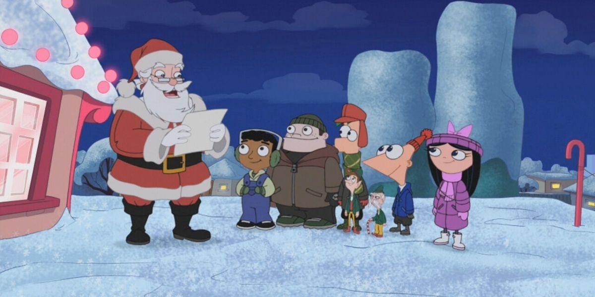 Phineas, Ferb e seus amigos com o Papai Noel em Phineas e Ferb: "Férias de Natal de Phineas e Ferb!"