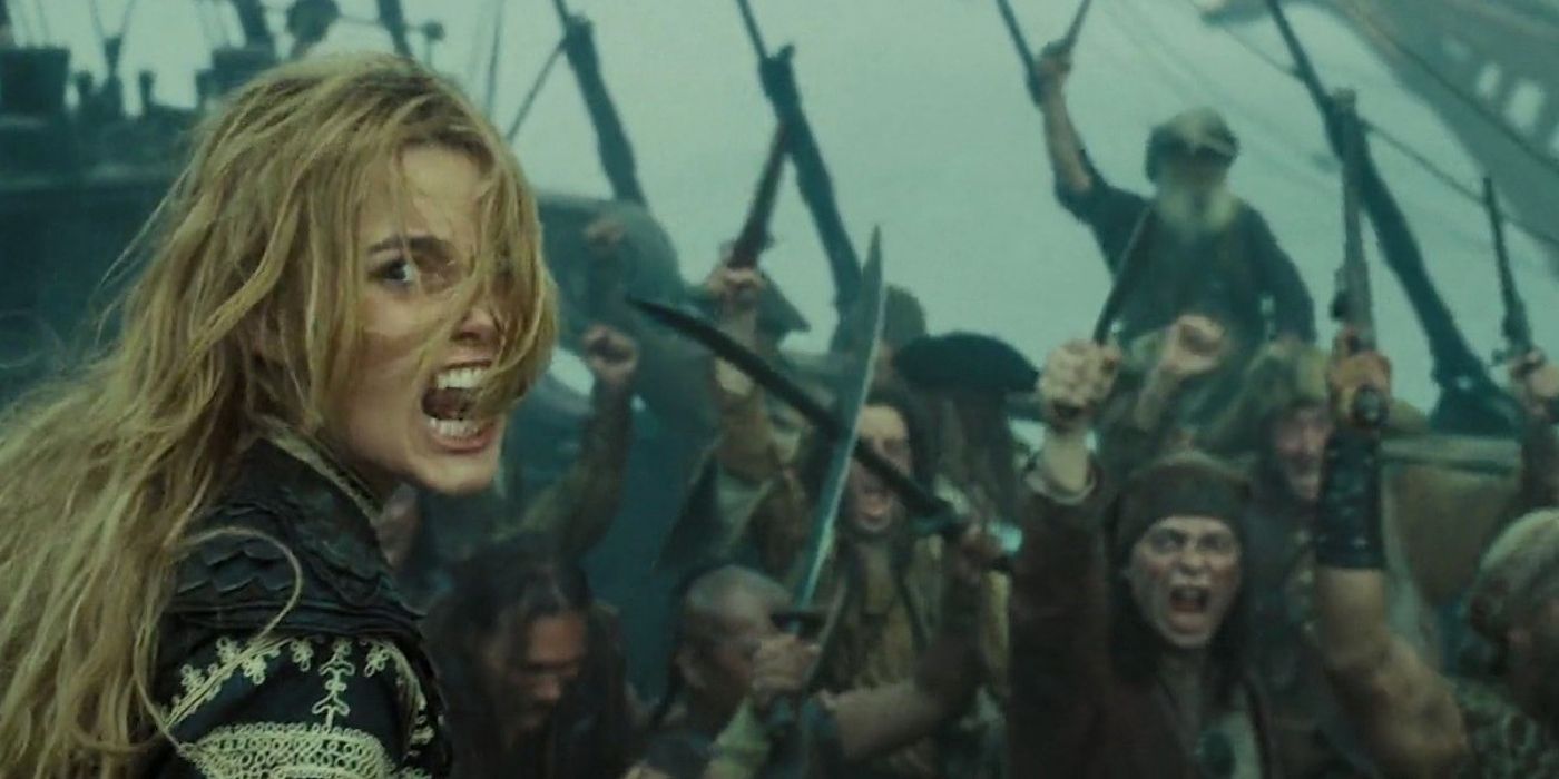 Elizabeth rallies a group of pirates in Pirates-of-the-Caribbean 3