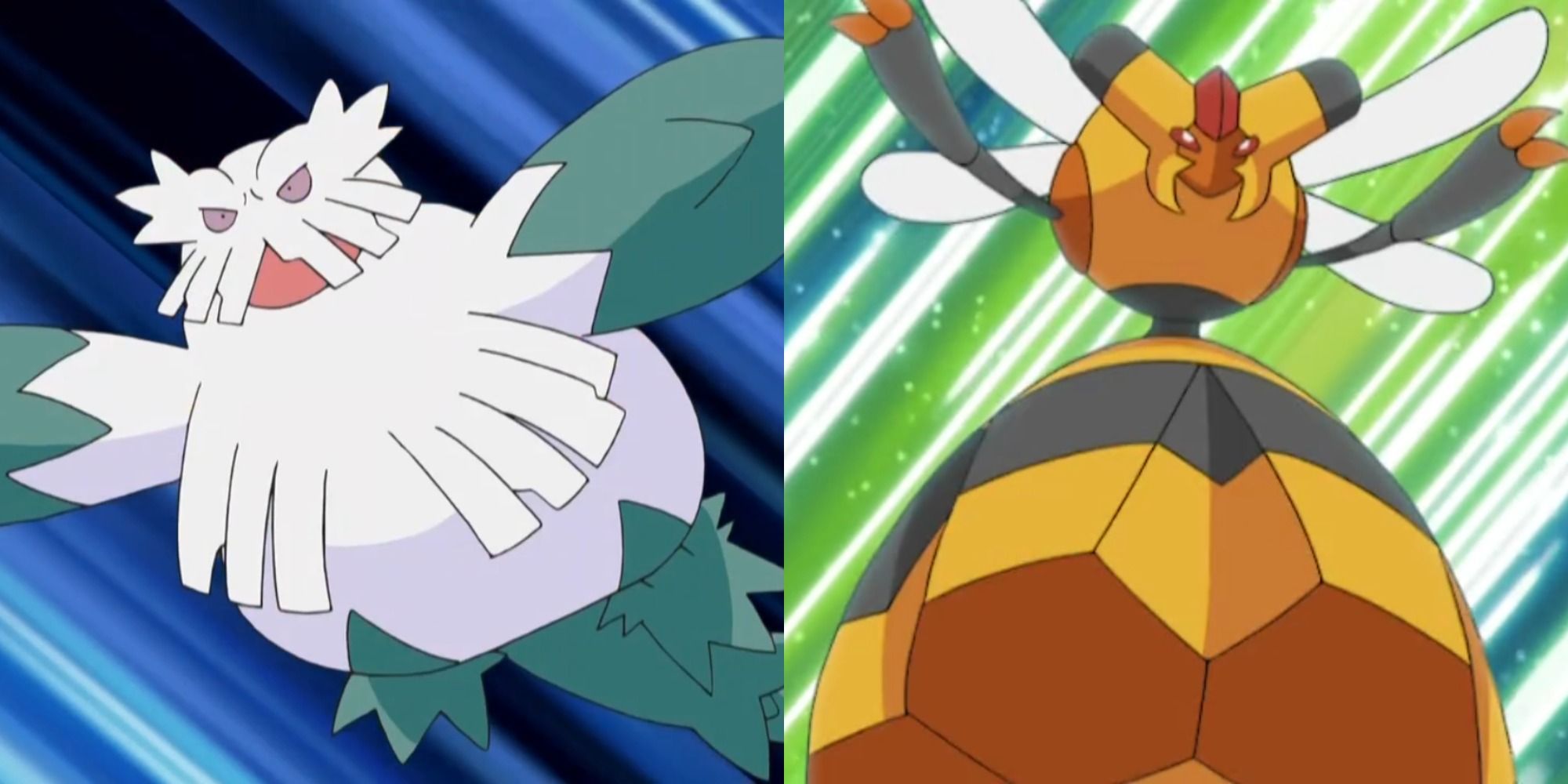Split image showing Abomasnow and Vespiquen in the Pokémon anime