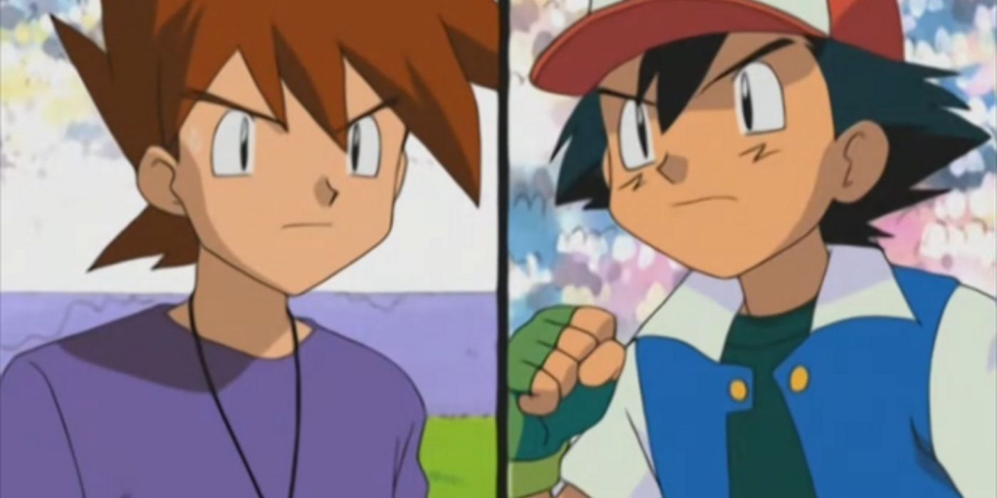 Split screen showing Gary and Ash during their battle in the Pokémon anime