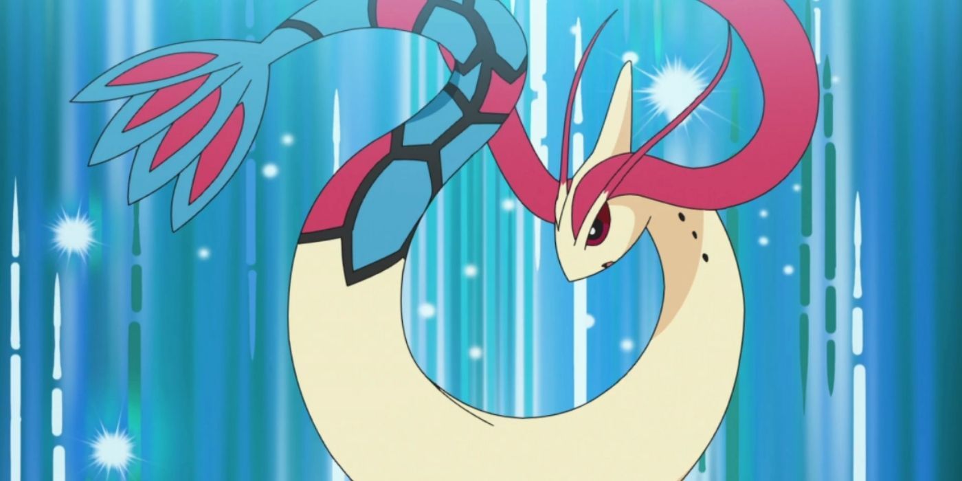 A Milotic against a blue background in the Pokémon anime