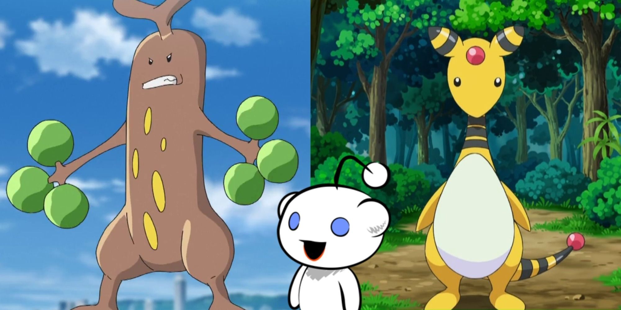 Split image showing Sudowoodo and Ampharos in the Pokémon anime, and Snoo from Reddit