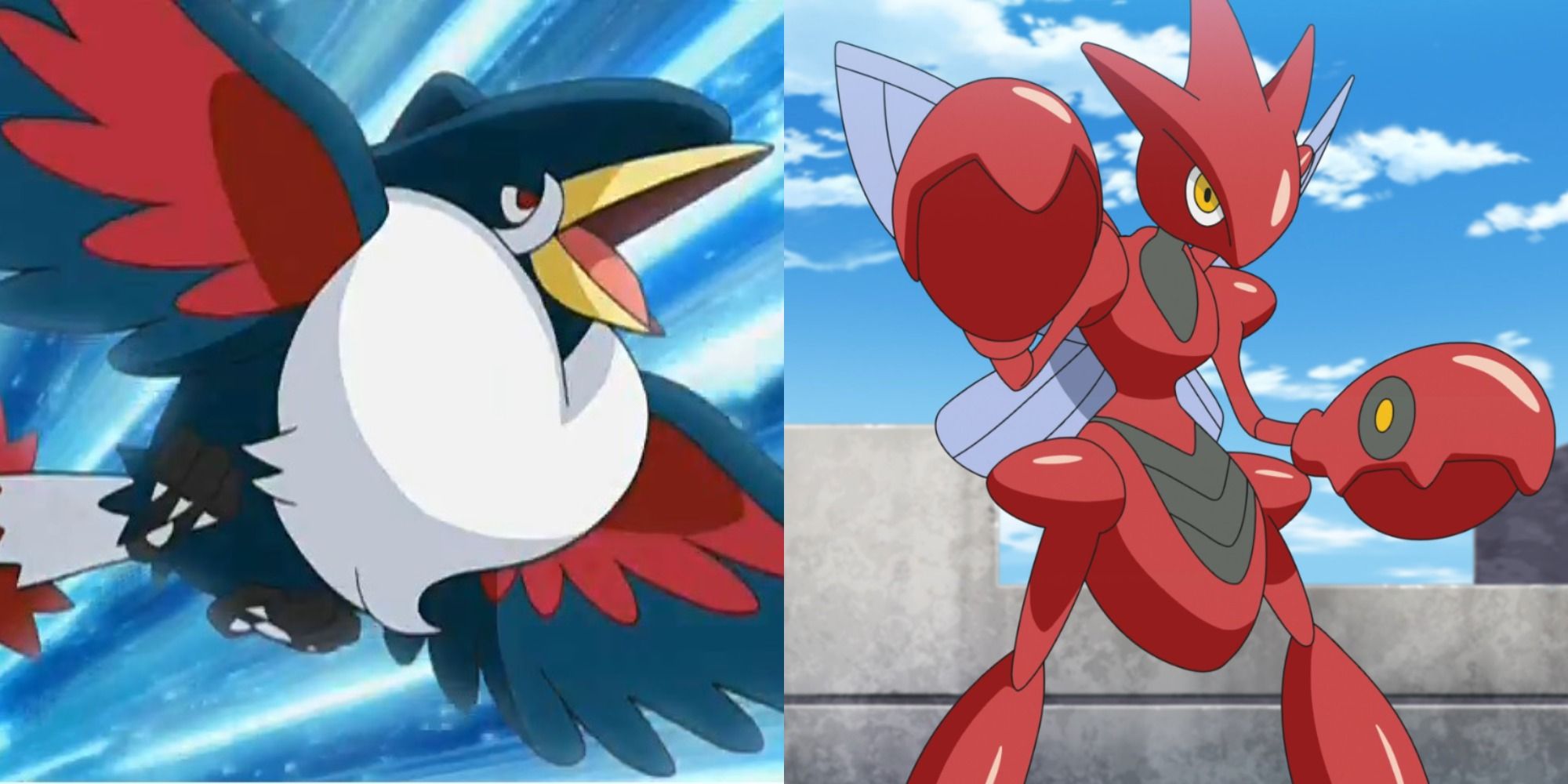 Split image showing Honchkrow and Scizor in the Pokémon anime