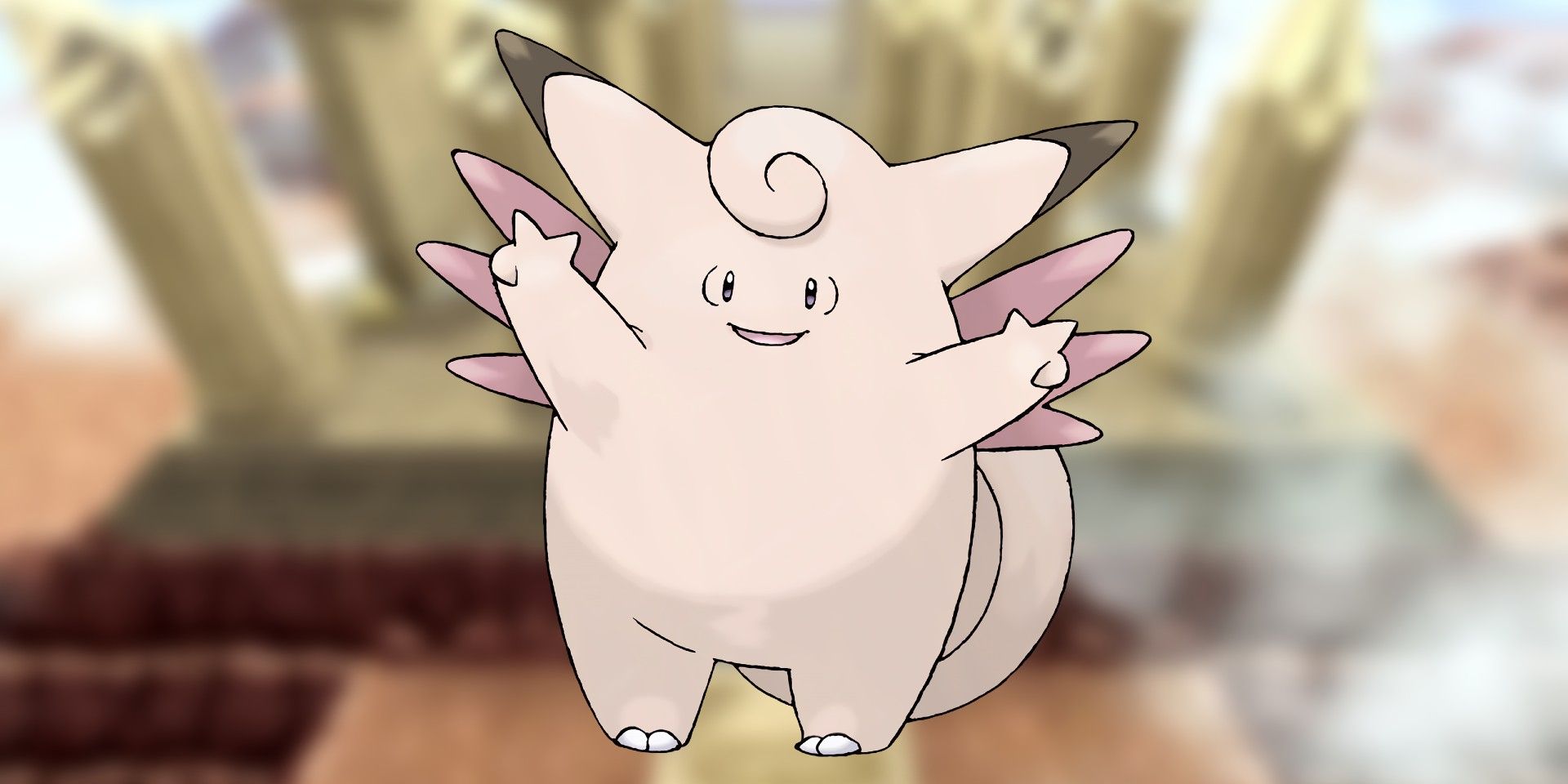 Clefable waving against a Spear Pillar background in Pokémon BDSP