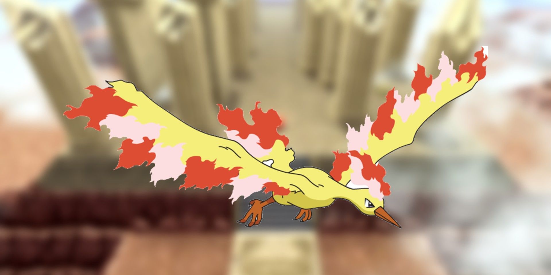 Artwork of Moltres in Pokémon Brilliant Diamond and Shining Pearl over a blurry background of ruins
