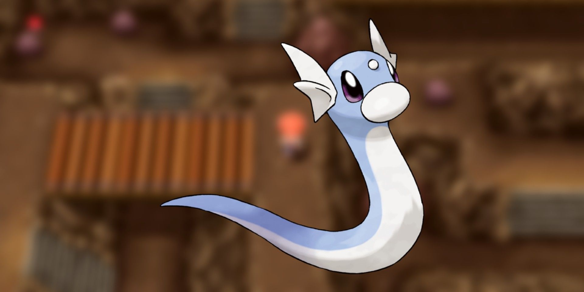Dratini on a background of a route from Pokémon: Brilliant Diamond &amp; Shining Pearl