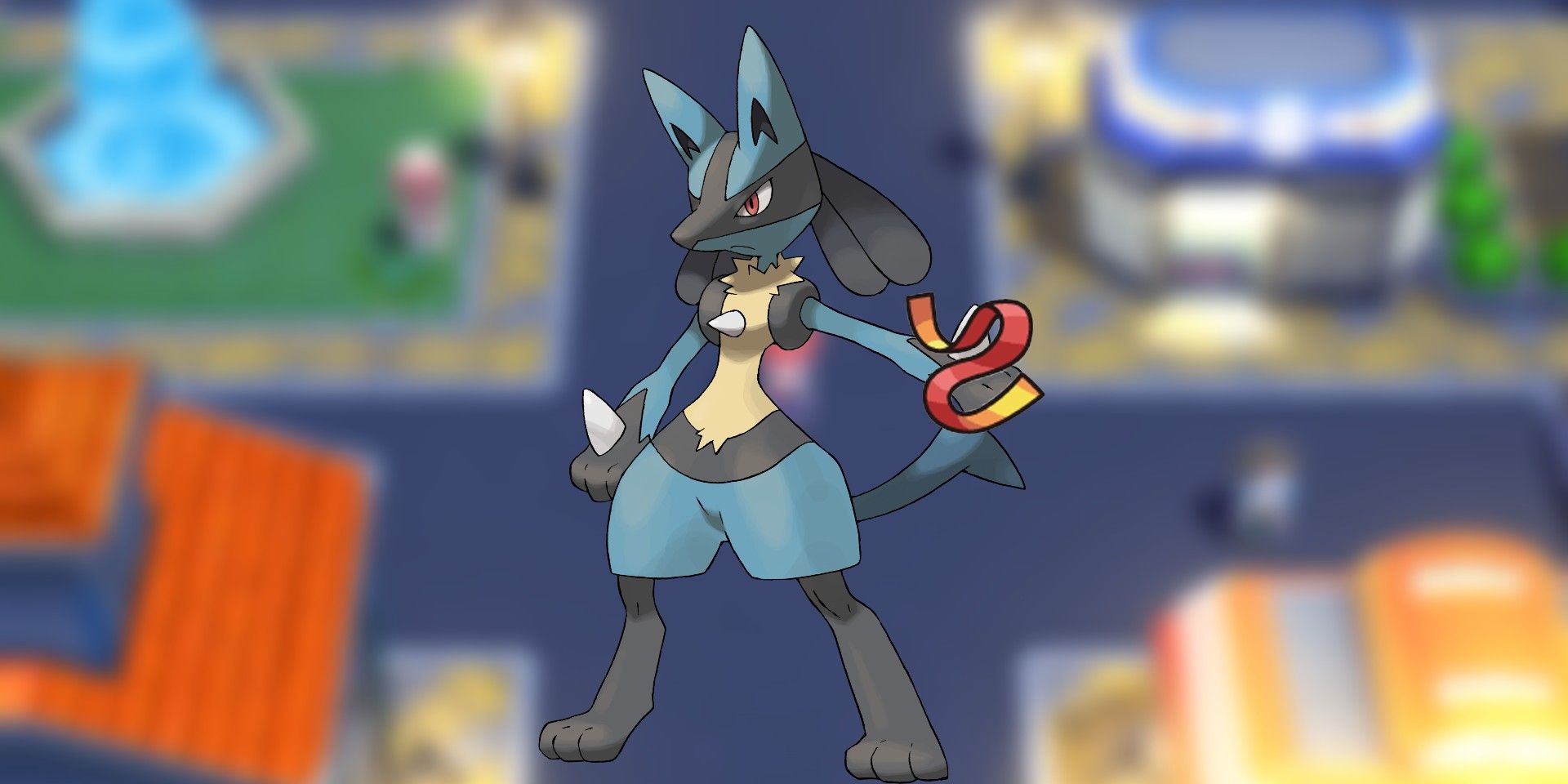 An image of Lucario over a blurry background of Pokémon BDSP
