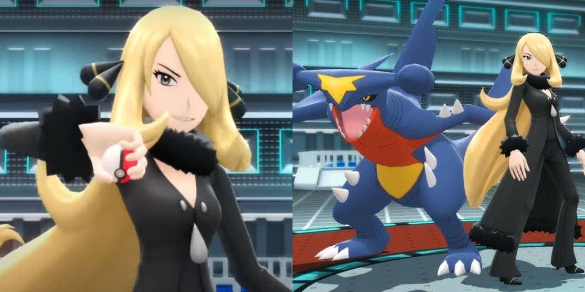 Split image showing Cynthia holding a Pokeball and Cynthia with Garchomp in Pokémon BDSP