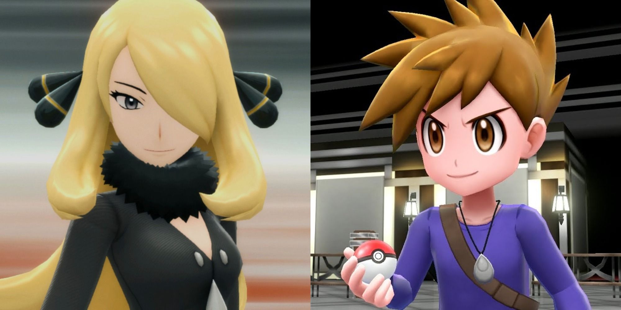 Split image showing Cynthia in BDSP and Blue in Let's Go