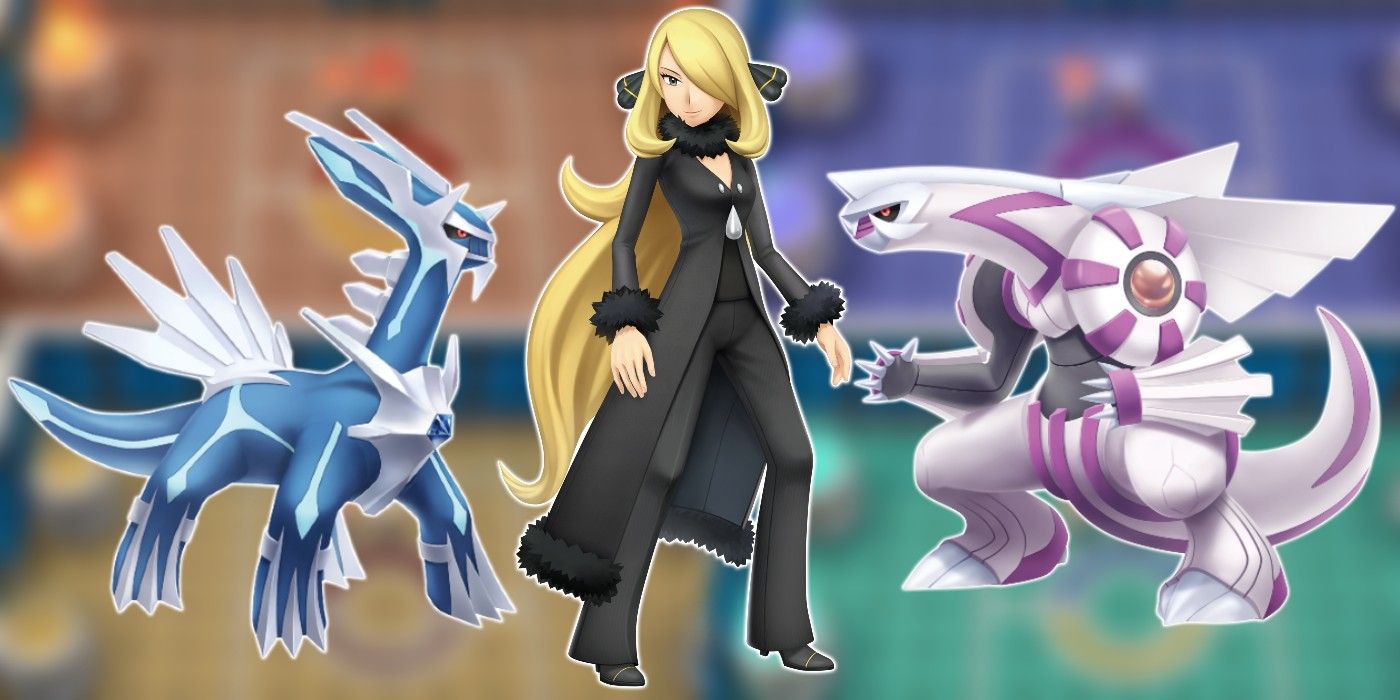 Dialga, Palkia, and Cynthia from Pokémon Diamond & Pearl standing together