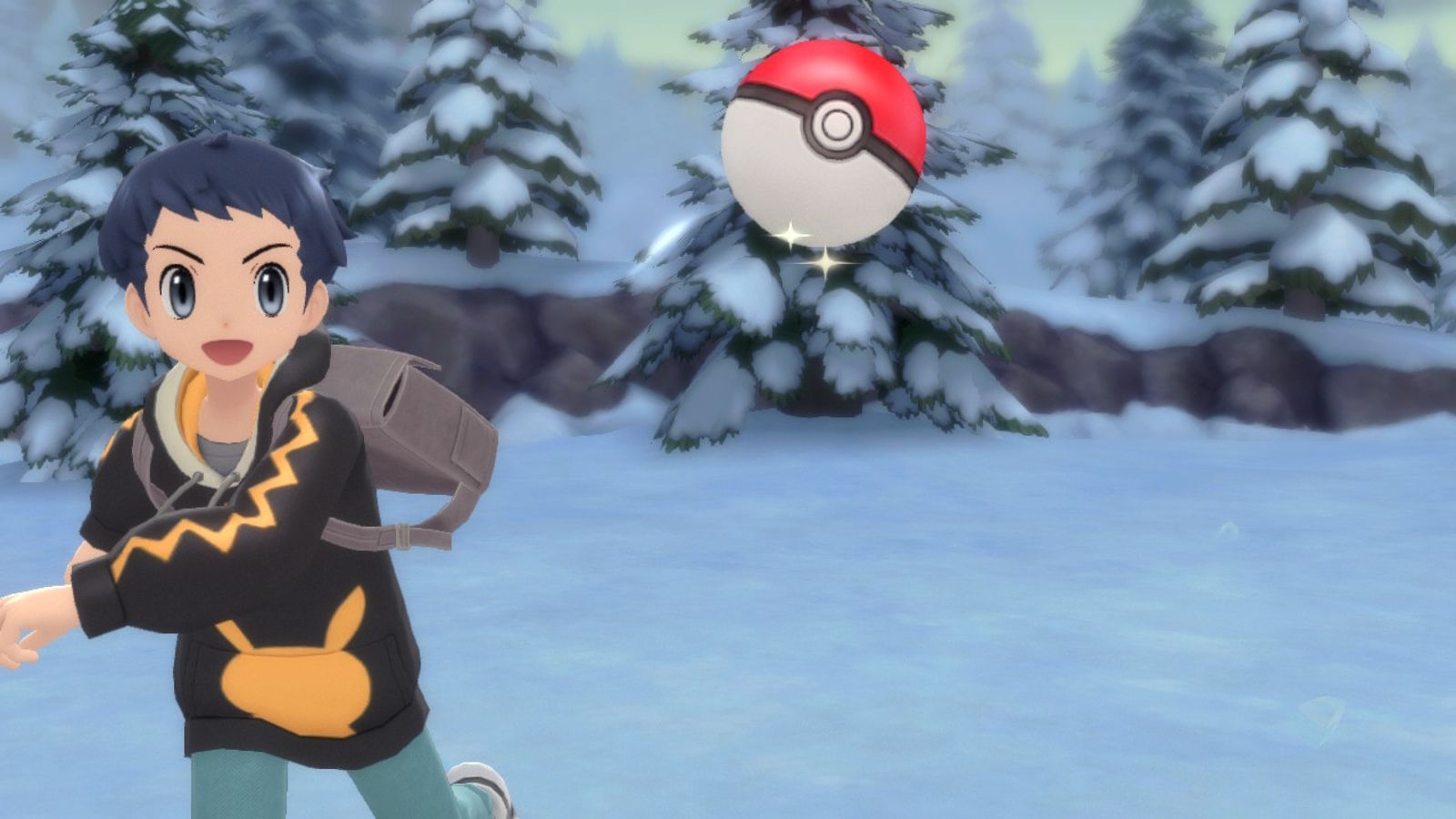 A Pokémon trainer throwing a Poké Ball.
