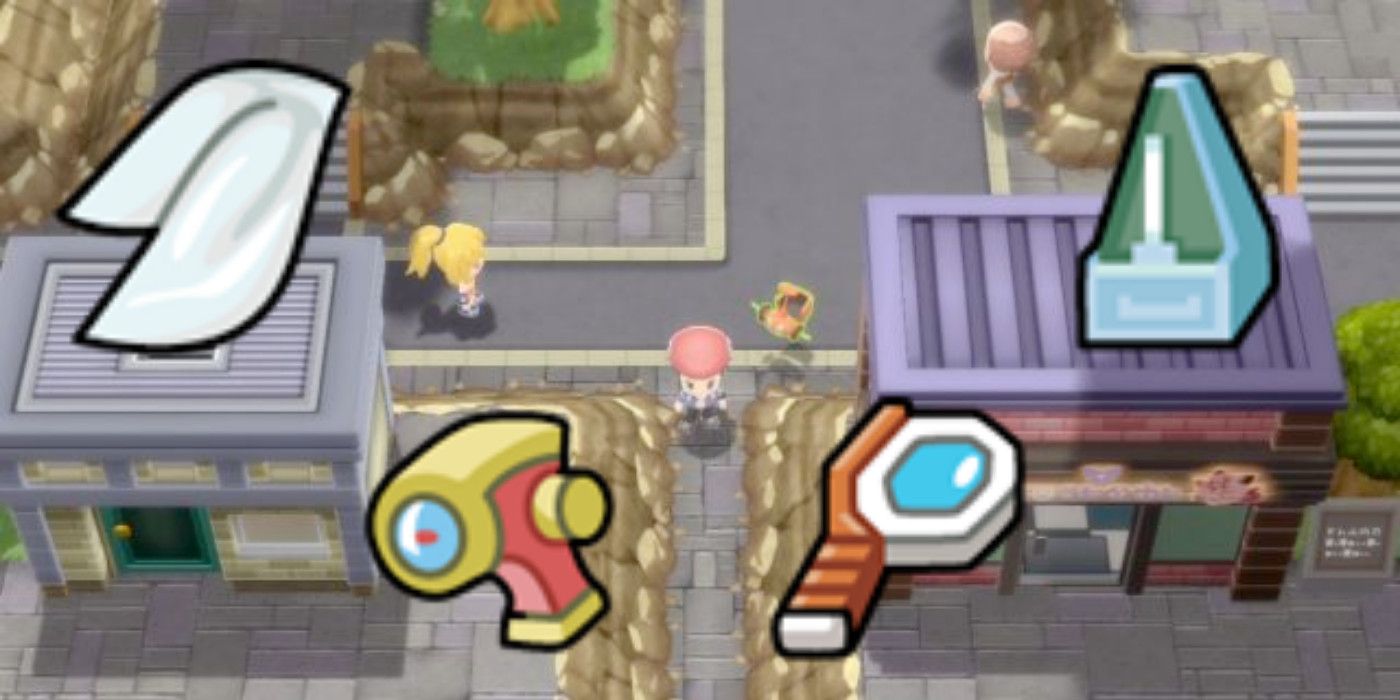 Blended image of different items against a Veilstone City background in Pokémon BDSP