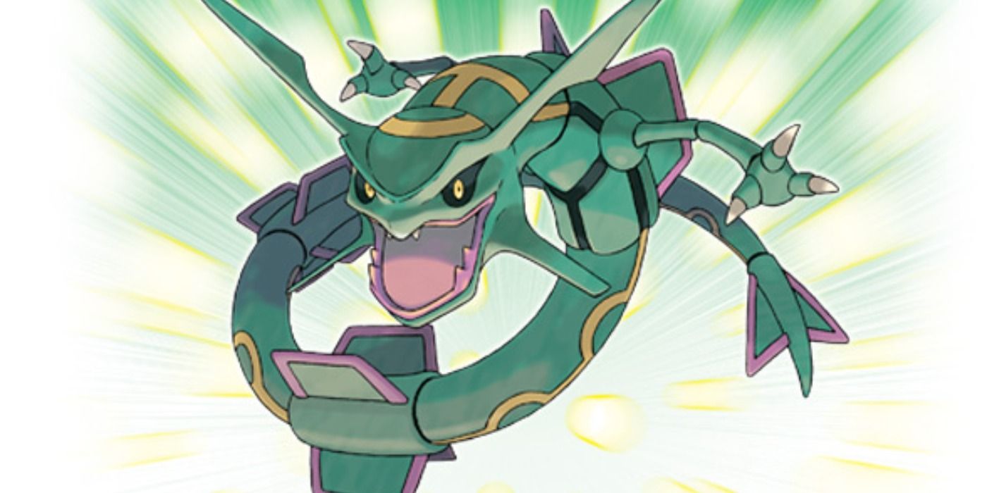 The green Legendary dragon Pokémon Rayquaza floating in promo art for Emerald