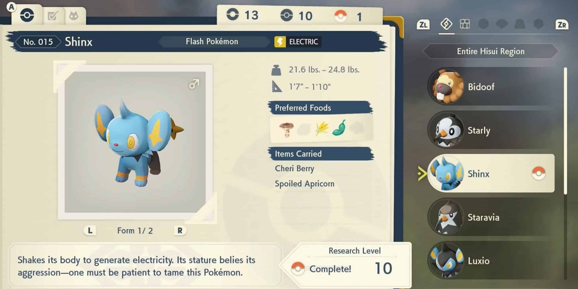 A screenshot of Shinx's Pokédex entry in Pokémon Legends: Arceus.