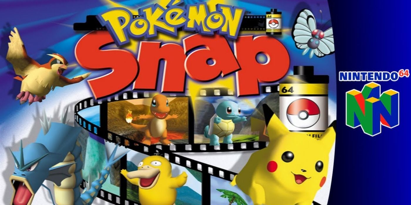 Cover art of Pokémon snap featuring photo real and Gyarados, Pidgey, Pysduck, Pikachu, and more