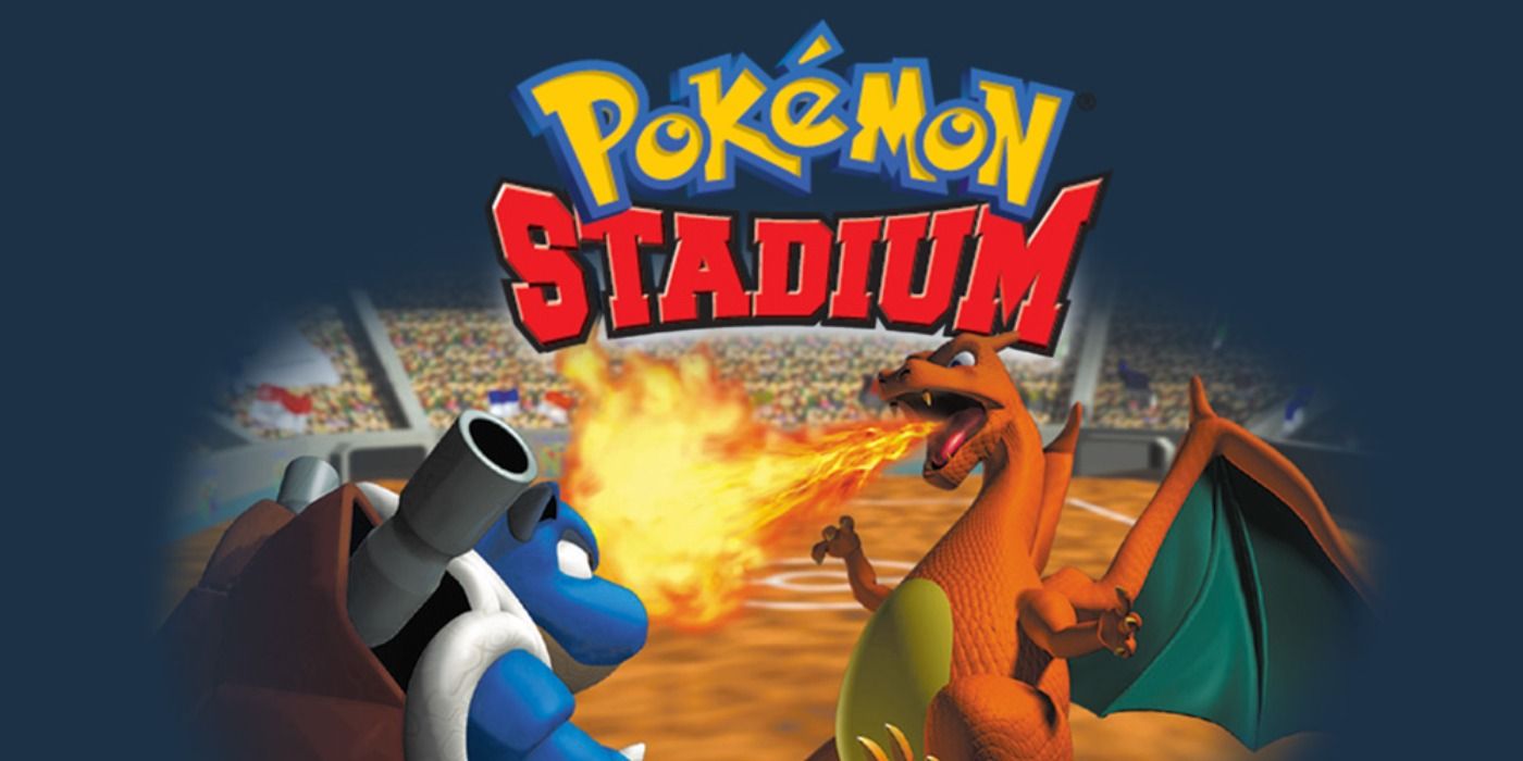 Pokémon Stadium promo art featuring a Blastoise and Charizard in battle against each other