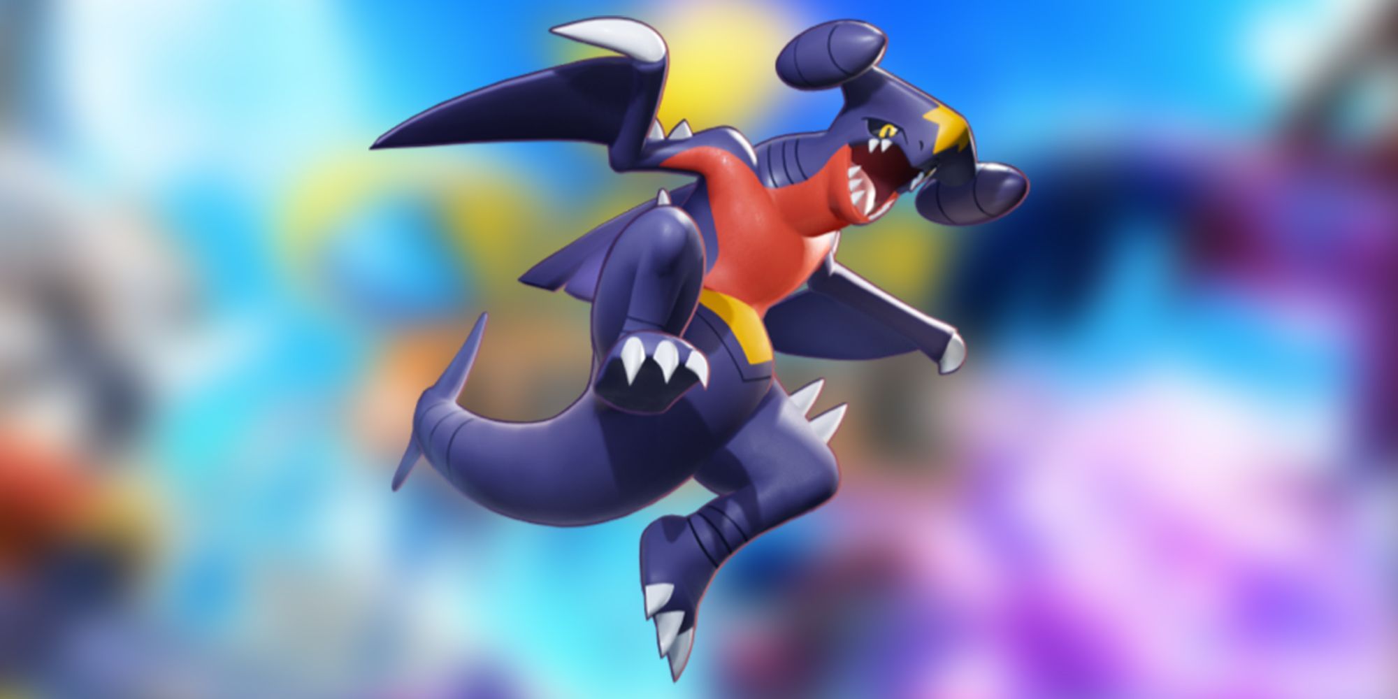 Garchomp leaps in the air in Pokemon.