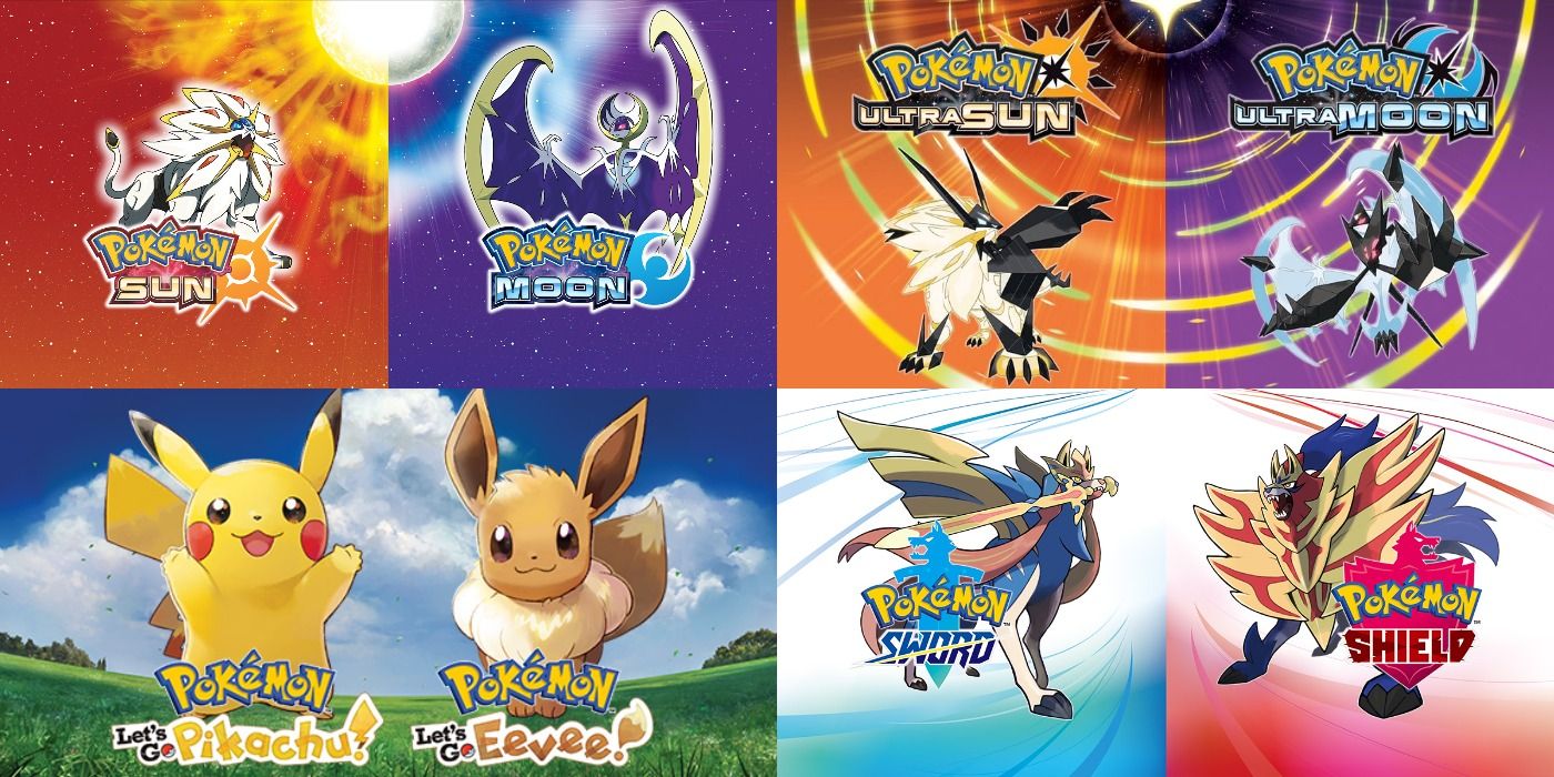 Split image of the mascot Pokémon of Sun/Moon, Ultra Sun/Moon, Let's Go, Sword/Shield