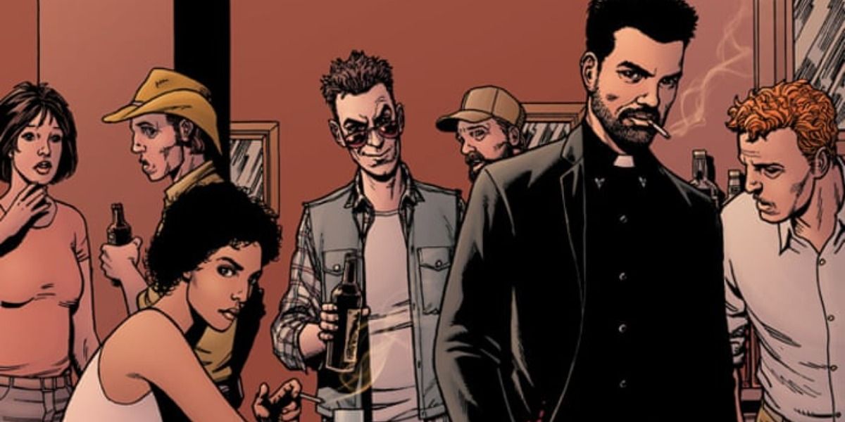 Jesse Custer with other characters from Preacher in a bar