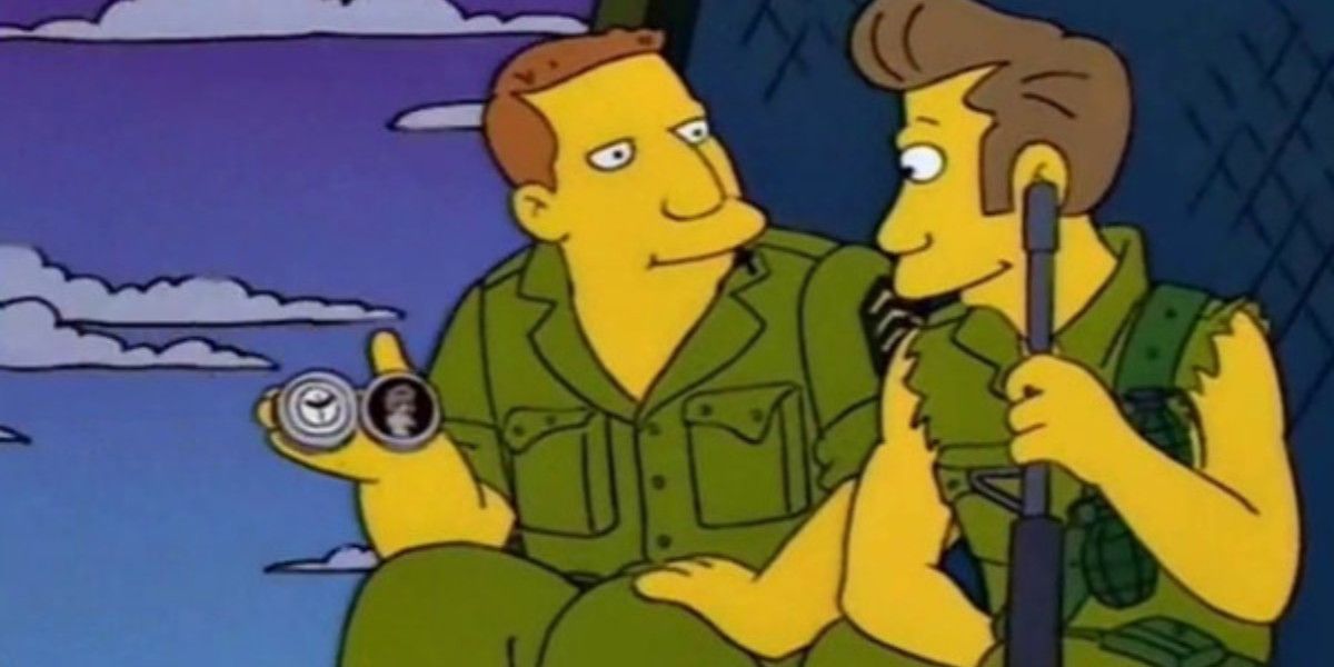 Principal Skinner sits with a gun next to a soldier in The Simpsons.