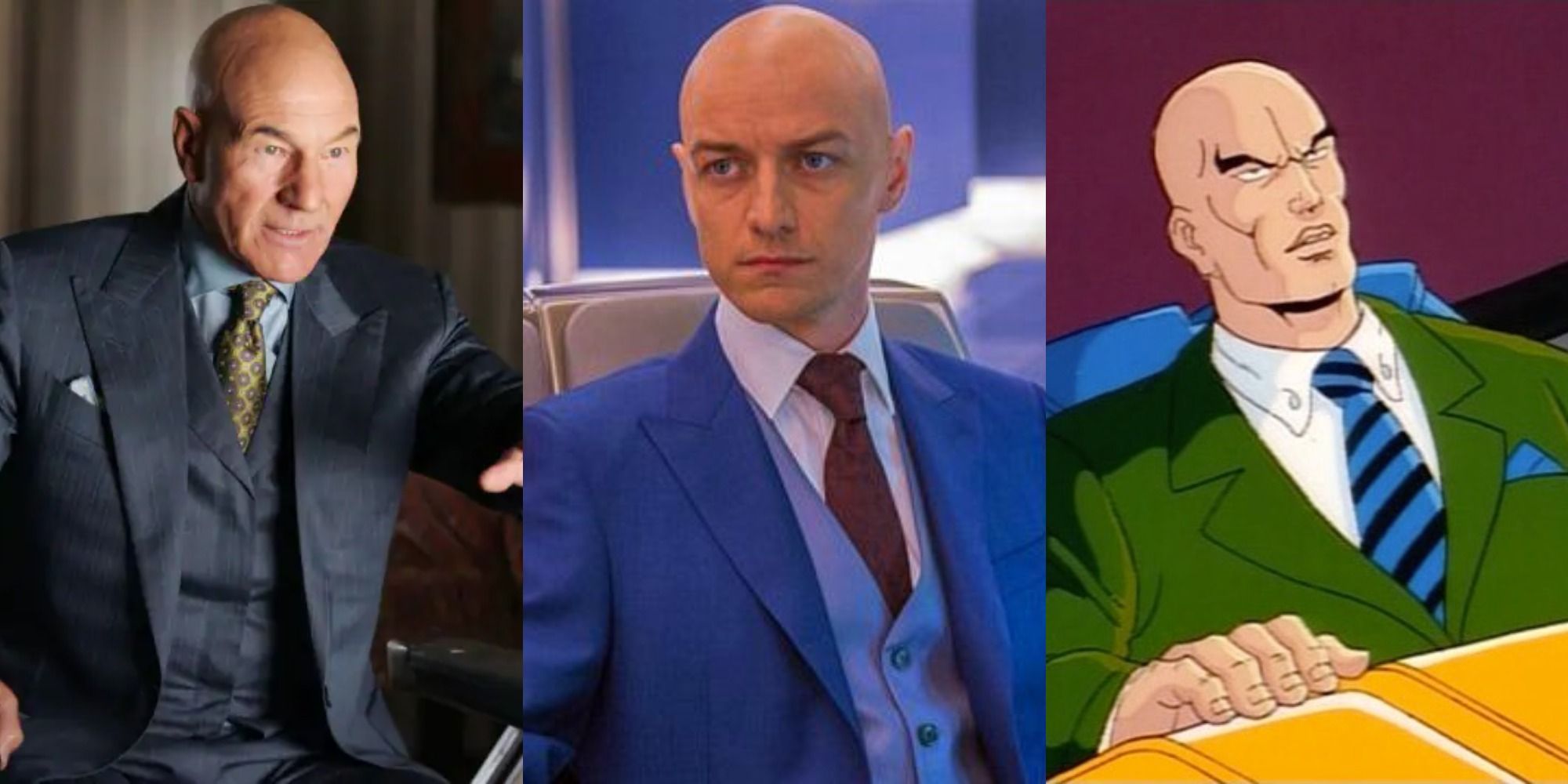 Split image of Patrick Stewart, James McAvoy, and the animated version of Professor X