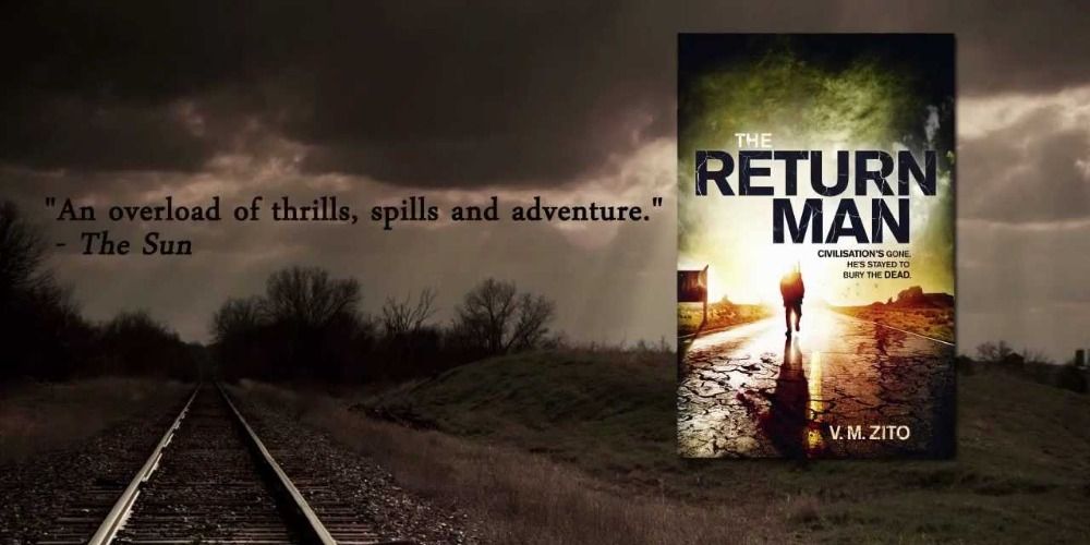 Promotional image with train tracks and novel cover of The Return Man By V.M. Zito