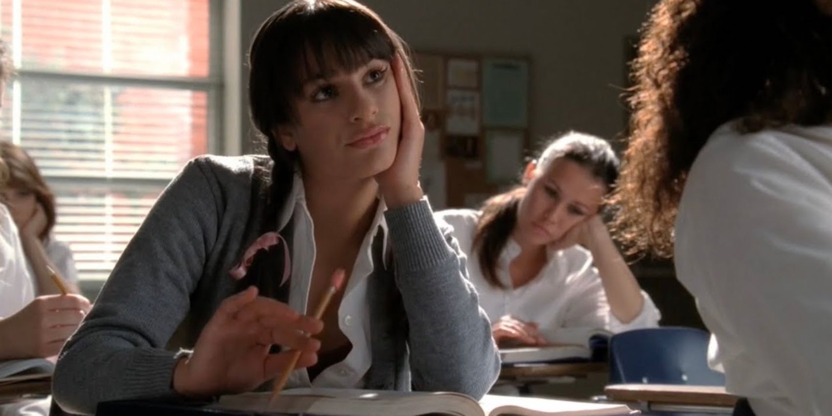 Rachel in her &quot;Baby One More Time&quot; outfit in class in Glee