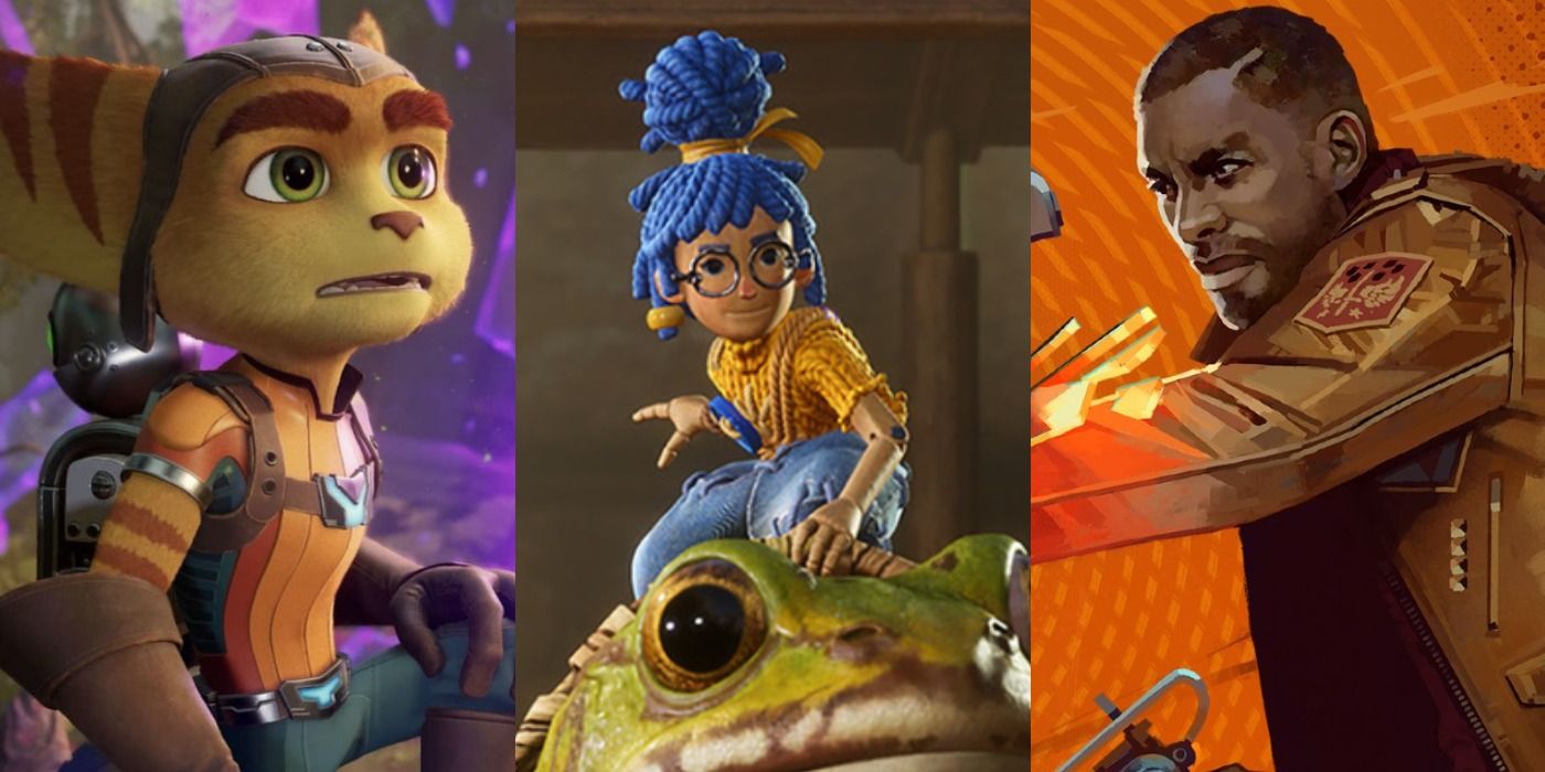 Three images showing Ratchet in Ratchet &amp; Clank: Rift Apart, May in It Takes Two, and Colt in Deathloop.
