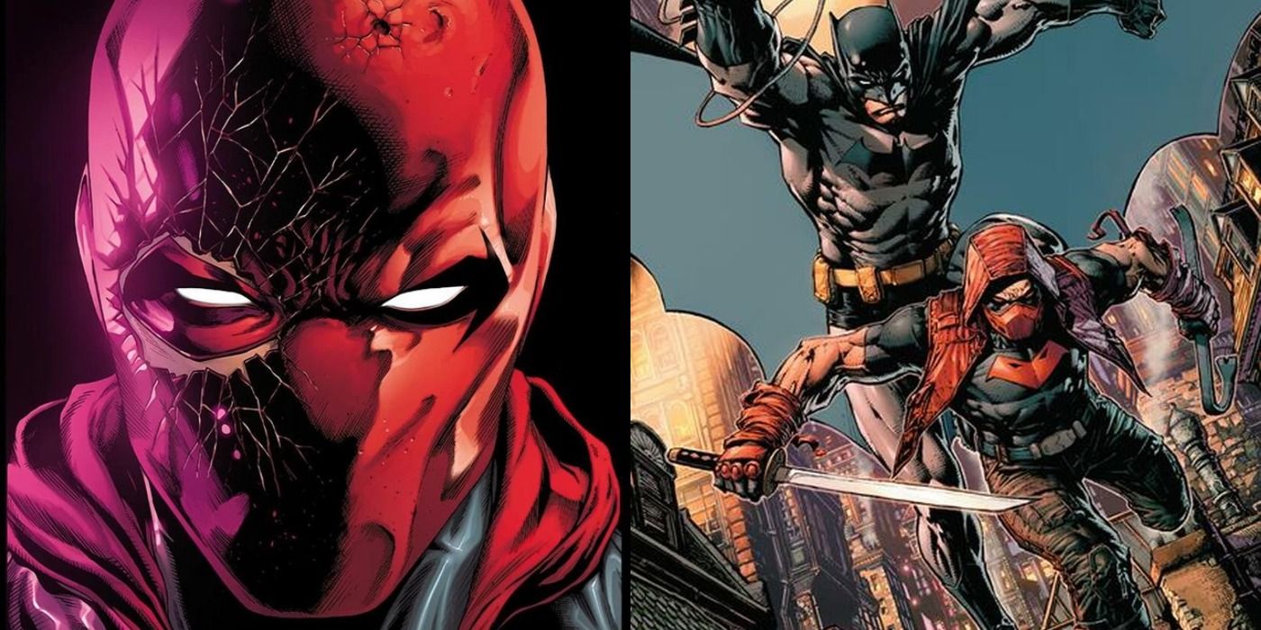 Split image of Jason wearing a broken Red Hood helmet and traversing through Gotham with Batman in Urban Legends