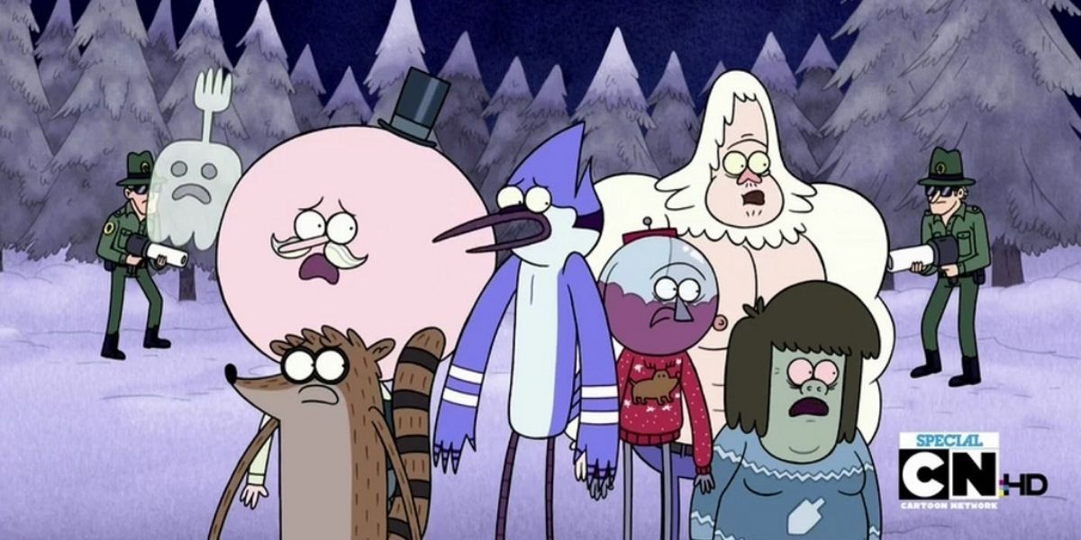 Regular Show characters out in the snow woods