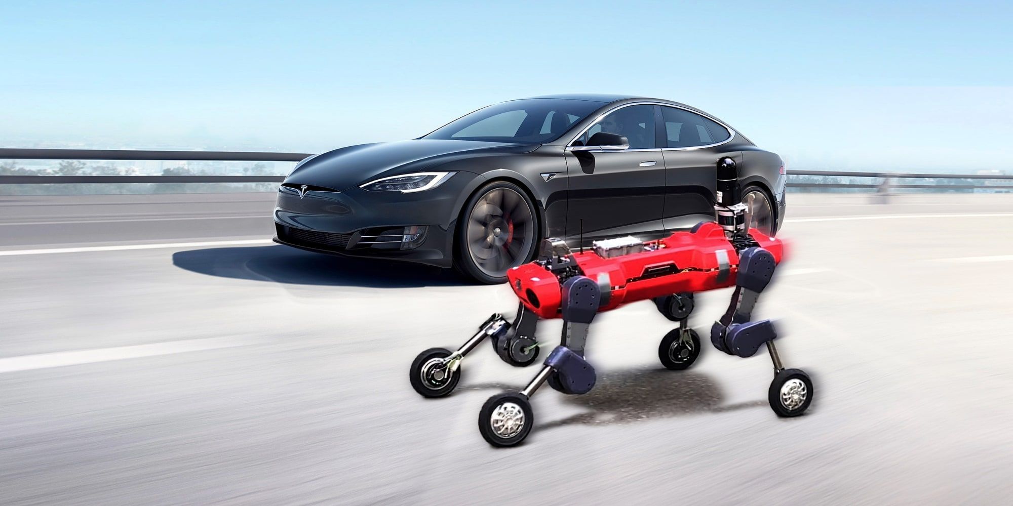 Render Of RSL Wheeled Quadrupedal Robot ANYmal Racing Tesla Model S